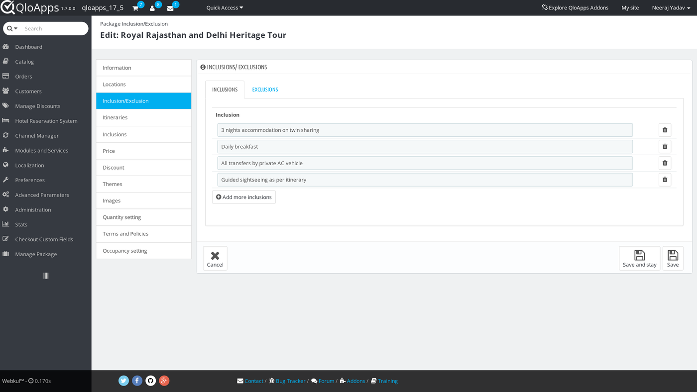 Package inclusion and exclusion tab