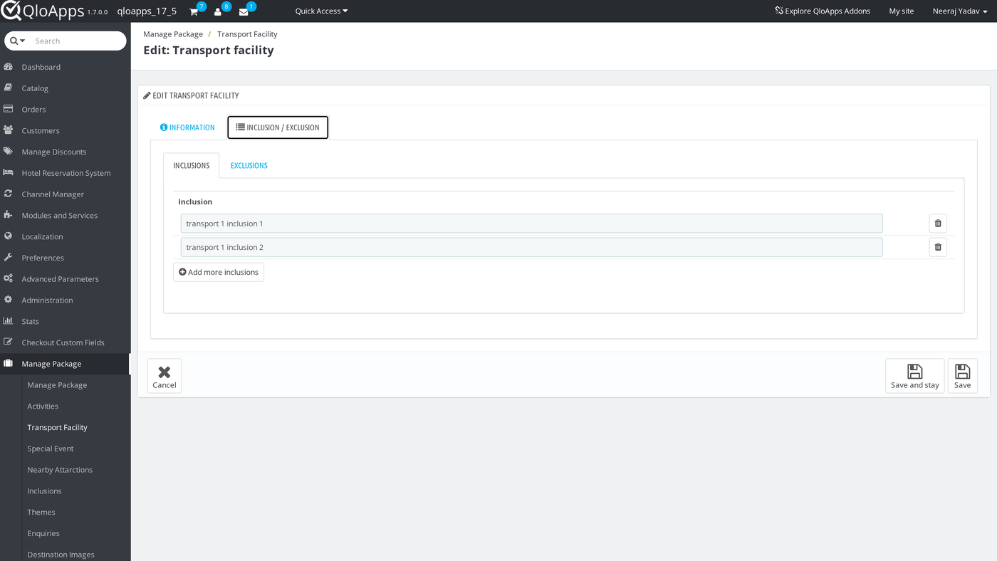Transport facility inclusion and exclusion tab